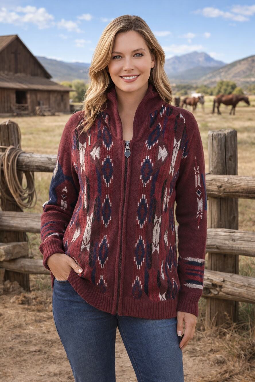 Rock&Roll Denim Cardigan Women S Maroon Southwestern Aztec Zip Pockets Collar